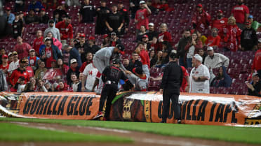 Nathaniel Lowe falls over gorilla tarp