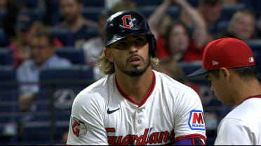 Gabriel Arias hit by pitch after review
