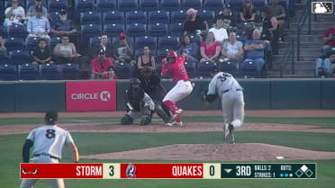 Hayden Alvarez doubles (22) on a line drive to left fielder Qrey Lott. Felix Morrobel scores.