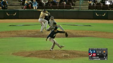 Alex Conover doubles (4) on a sharp line drive to right fielder Hayden Yost. Nu'u Contrades scores.