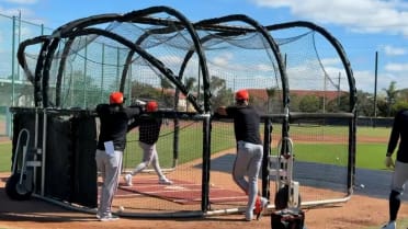 Taylor Ward takes batting practice at Orioles camp
