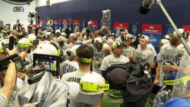 Dave Roberts gives a speech after World Series win