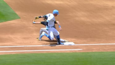 Tyler Freeman safe at first after review