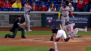 Austin Riley out at home after review