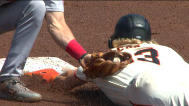 Bryce Eldridge is caught stealing second after review