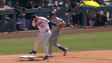 Liam Hicks out at first base after challenge