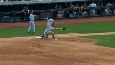Oswald Peraza is out at first base after review