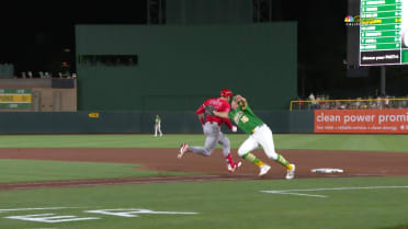 Logan O'Hoppe out at first after a review