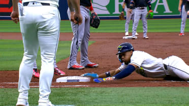Chandler Simpson safe at first after wild rundown