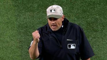 Blanco throws out Langford at first base after review