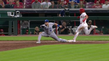 Spencer Steer out at first after challenge
