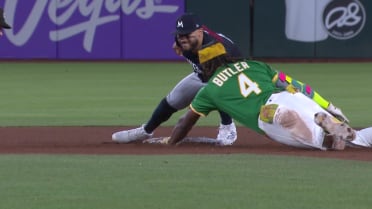 Lawrence Butler safe at second after challenge