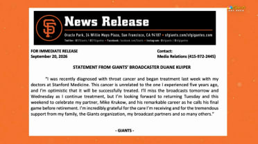 Giants broadcast gives update on Duane Kuiper