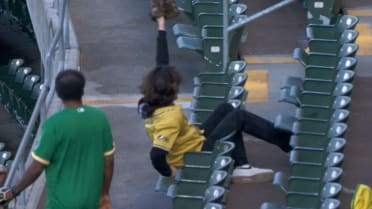 A's fan makes an impressive tumbling catch