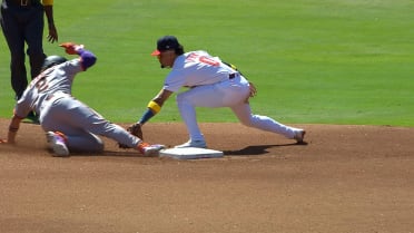 Willy Adames steals second base after a review