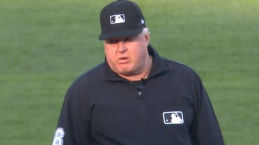 Umpire Bill Miller takes a ball off the head 