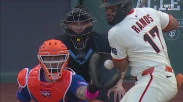 Heliot Ramos gets hit by a pitch after review