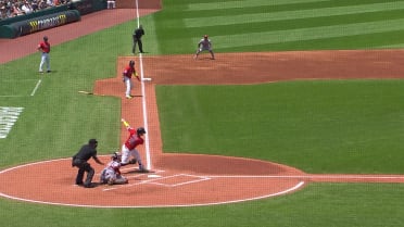 Gabriel Arias loses his bat mid-swing