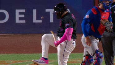Francisco Alvarez snaps his bat over strikeout