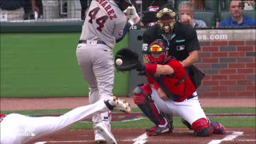 Alvarez hit by pitch after review