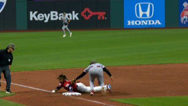 José Ramírez safe at third base after replay review