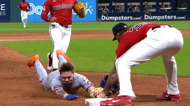 Guardians tag out A.J. Ewing at third after a review