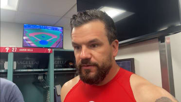 Kyle Schwarber on his homer, facing Ranger Suarez