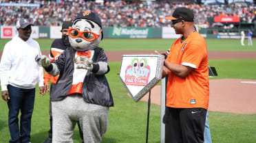 Lou Seal celebrates Mascot Hall of Fame induction
