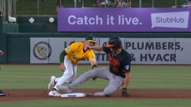 Coby Mayo is ruled safe on pickoff attempt 
