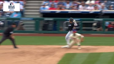 Javier Sanoja safe at first base after a review 