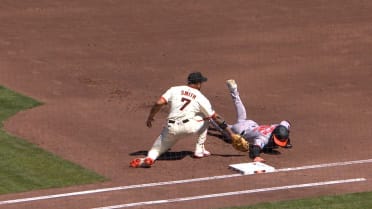 Dylan Beavers safe at first on pickoff, call stands