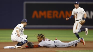 Nick Fortes throws out José Ramírez at second base