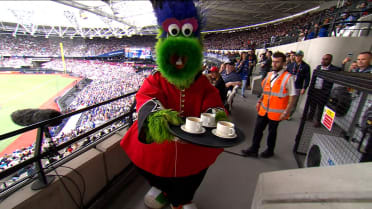 The Phillie Phanatic brings tea to the broadcast