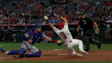 Wyatt Langford throws out Josh Lowe at home