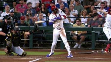 Lourdes Gurriel Jr. hits a foul ball after review