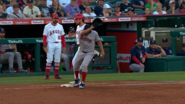 Josh Lowe reaches first base safely after a review