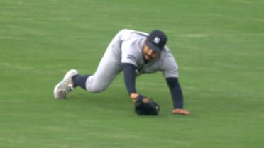 Trent Grisham makes a diving play after a review 