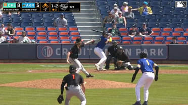 Jacob Cozart doubles (5) on a line drive to right fielder Fernando Peguero. Jake Fox scores.