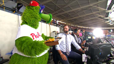 The Phillie Phanatic brings the booth fish and chips