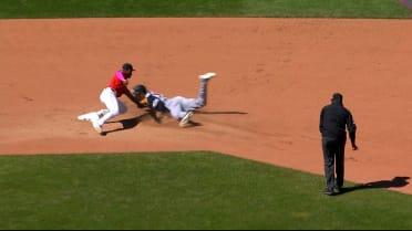 Patrick Bailey throws out Trevor Larnach at 2nd base 