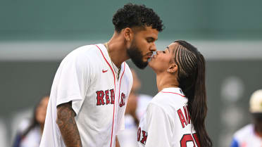 Love Island USA winners throw out the first pitch
