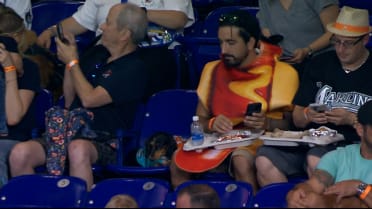 Two hot dogs enjoy the game at loanDepot Park