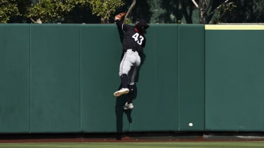 James Outman loses glove over center field fence