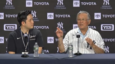 Masanori Murakami speaks to the media before the game