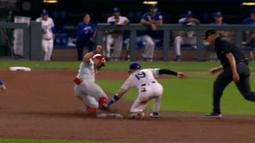 Austin Hays called safe at second after review