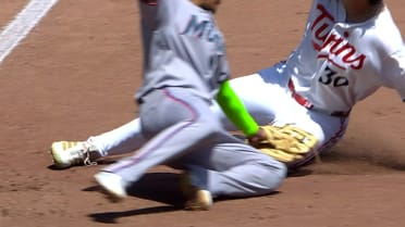 Liam Hicks nabs James Outman at third after review