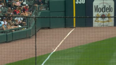 Austin Slater's line drive ruled foul after review
