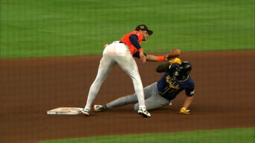Willy Adames steals second base after a review