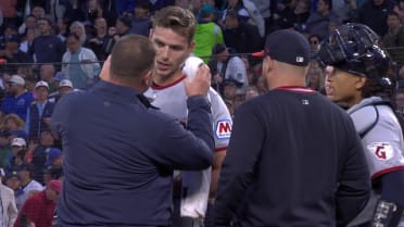 Cade Smith is hit by comebacker