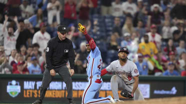 Johan Rojas hits a triple after review